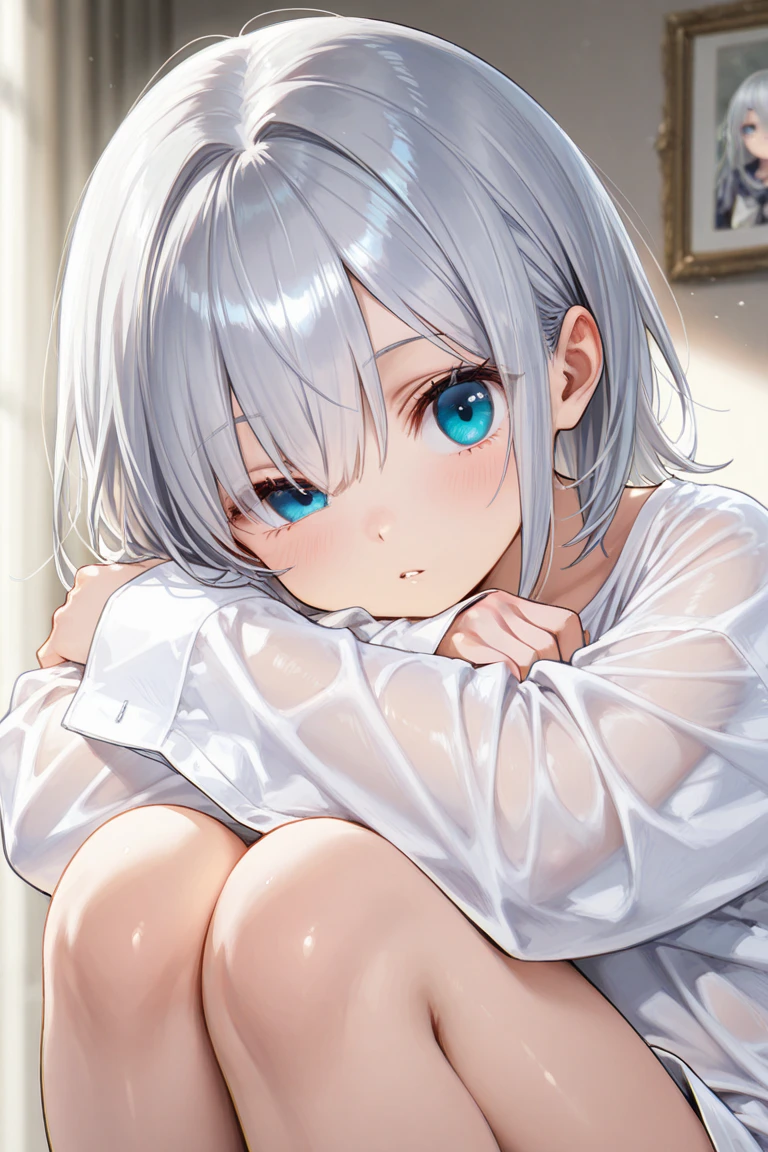 1girl,covering mouth,White hair,silver hair, short hair,best quality,very aesthetic,shy,character image,silvery white,pale color, unmoving pattern,nose blush,troubled eyebrows,highres,pupils, yukata,wet hair,shiny,breasts apart,large breasts,one shoulde rout,barefoot,legs