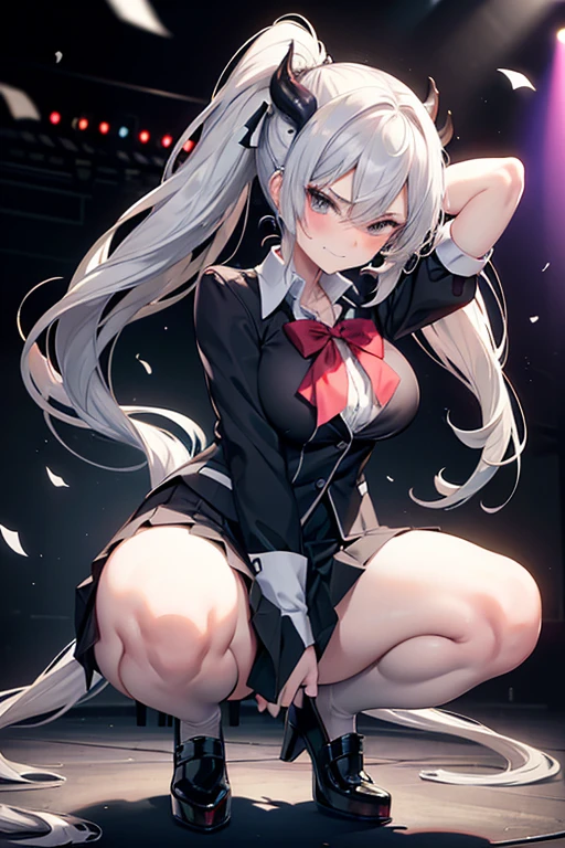 Alexia is a pretty young girl with red eyes and long silver hair. She usually ties her hair in pig tails using a large black bow and is often seen wearing her academy uniform consisting of a blazer jacket, with gold accents, a white dress shirt, a navy-blue cummerbund, a plaid pattern on the skirt, white stockings, and knee-high boots with crosscutting laces.