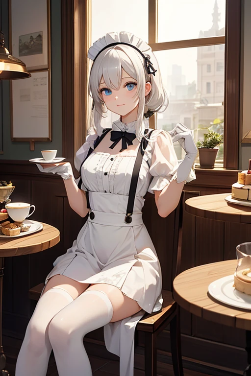 best qualityer,tmasterpiece,Ultimate resolution,downy,plethora of colors,Colorful,Big high school girl,full bodyesbian,Lolita long dress,white stockings,(Lolita shoes),Cafe background,closeup of face
