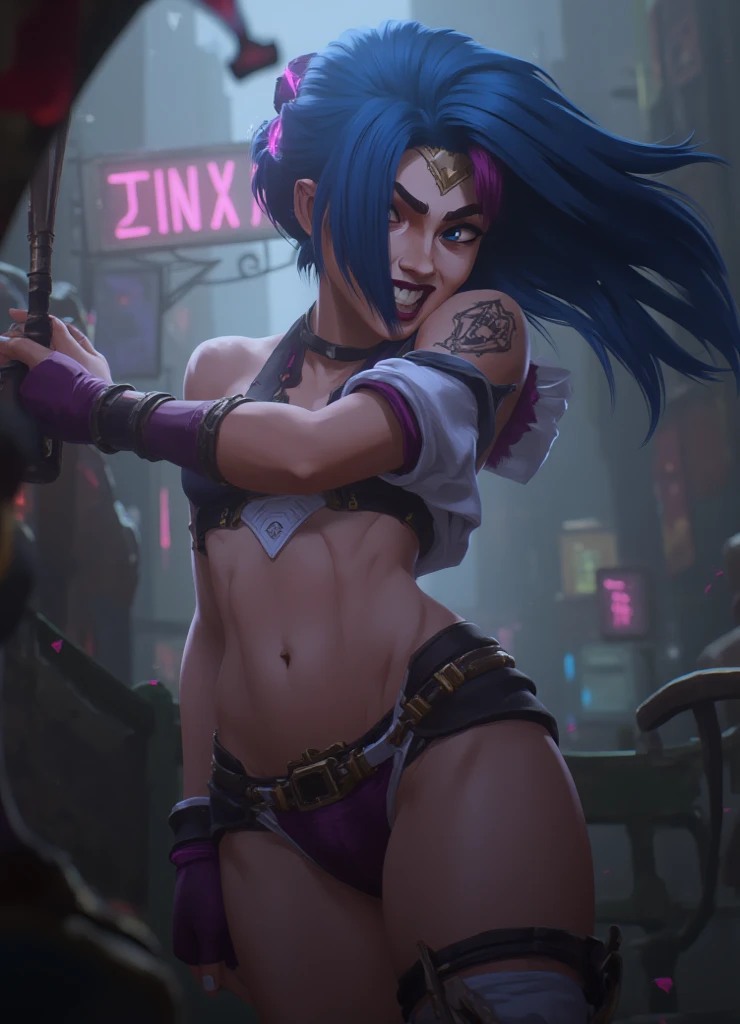 best quality,ultra-detailed,realistic:1.37,portrait,colored,human,Jinx character,Jinx in a battle,explosive and dynamic scene,playing with her gun,smoke and sparks effects,detailed facial features,crazy purple hair and blue eyes,fierce expression,dark and mysterious background,colorful and vibrant lighting,special visual effects,action-packed,energy projectiles,bold and intense style,amazing details on clothing and accessories,unique and stylish outfit,lore-inspired,runes and tattoos on her body,dangerous and powerful demeanor,exciting and adrenaline-filled atmosphere,exaggerated proportions and poses,chaotic and chaotic arrangement,captivating composition,comic book-inspired,graphic novel-like,gritty and edgy feel,stylized and modern artistry,high-contrast shadows and highlights,comic book-style lines and textures,eye-catching and captivating,Ionian champion,lethal and unpredictable.