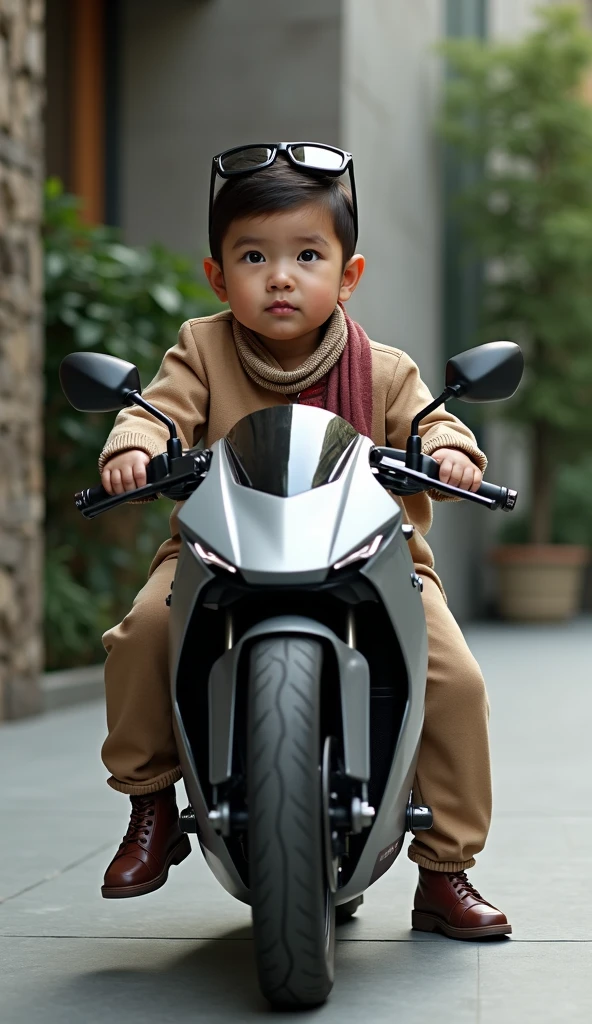 A young boy riding a grey ntorq scooter in blue Tibetan culture dress in while background 