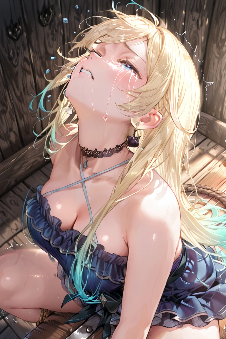 ((ultra detailed, 8k, high res, masterpiece)), (Highly detailed face), ((detailed look:1.8, Highlighted blue eyes)), full body, beautiful woman, Platinum blonde hair, silky hair, long hair, ((choker, earrings)), seductive smile, pale skin, bashful, cleavage white negligee, garter belt, (Very large breasts), Red lips, bed room, (Emphasize cleavage:1.3, Sweaty cleavage), cowboy shot, high angle:1.5, looking down from above, stick out butt, bewitching figure, overexposed, on all fours, seductive pose
