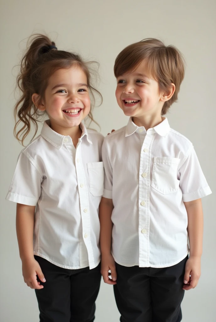 Twin toddler boy and girl with white and green hair and blue eyes