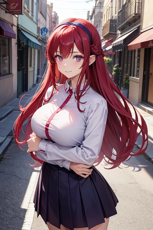 ((In the style of a hentai)), (Masterpiece, Best quality), (( intricate Face, bright eyes )), BREAK, brown eyes, red hair, long hair, wavy hair, hair over one eye, BREAK, red shirt, blue skirt, big breasts, big smile, BREAK, cityscape background, yandere