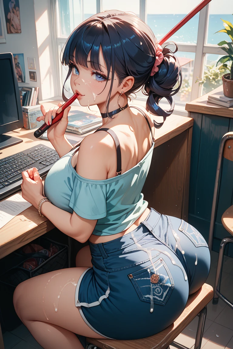 realistic art, extremely delicate and beautiful, ultra detailed, (1 beautiful 20 year old woman), blue eyes, floating, detailed light, illustration, dynamic angle, depth of field, feminine, long hair, (black and blue hair), hair multicolored, hair with blue highlights, (ponytail), headphones, makeup, braid, red lips, half-open mouth, vampire eyes, pale white skin, perfect body, perfect abdomen, perfectly round butt, (((best quality)) ), (blur background: 0.6), in a room with computers and video games, glasses, (headphones), ((black and blue sweater, underboobs)), (black and blue very short leggings), beautiful, soft lighting , (front light: 1.5), shy, choker, smile, jewelry, bracelet, earrings, accessories, (ultra high resolution, best quality), (8k, raw photo, best quality, masterpiece), technological sense, best quality, masterpiece, illustration, CG, unity, wallpaper, official art, amazing, fine details, extremely delicate and beautiful, extremely detailed, highly detailed, sharp focus, rich background, (real person, photography), (( very detailed skin)), posing at the camera, (((looking at the camera))).