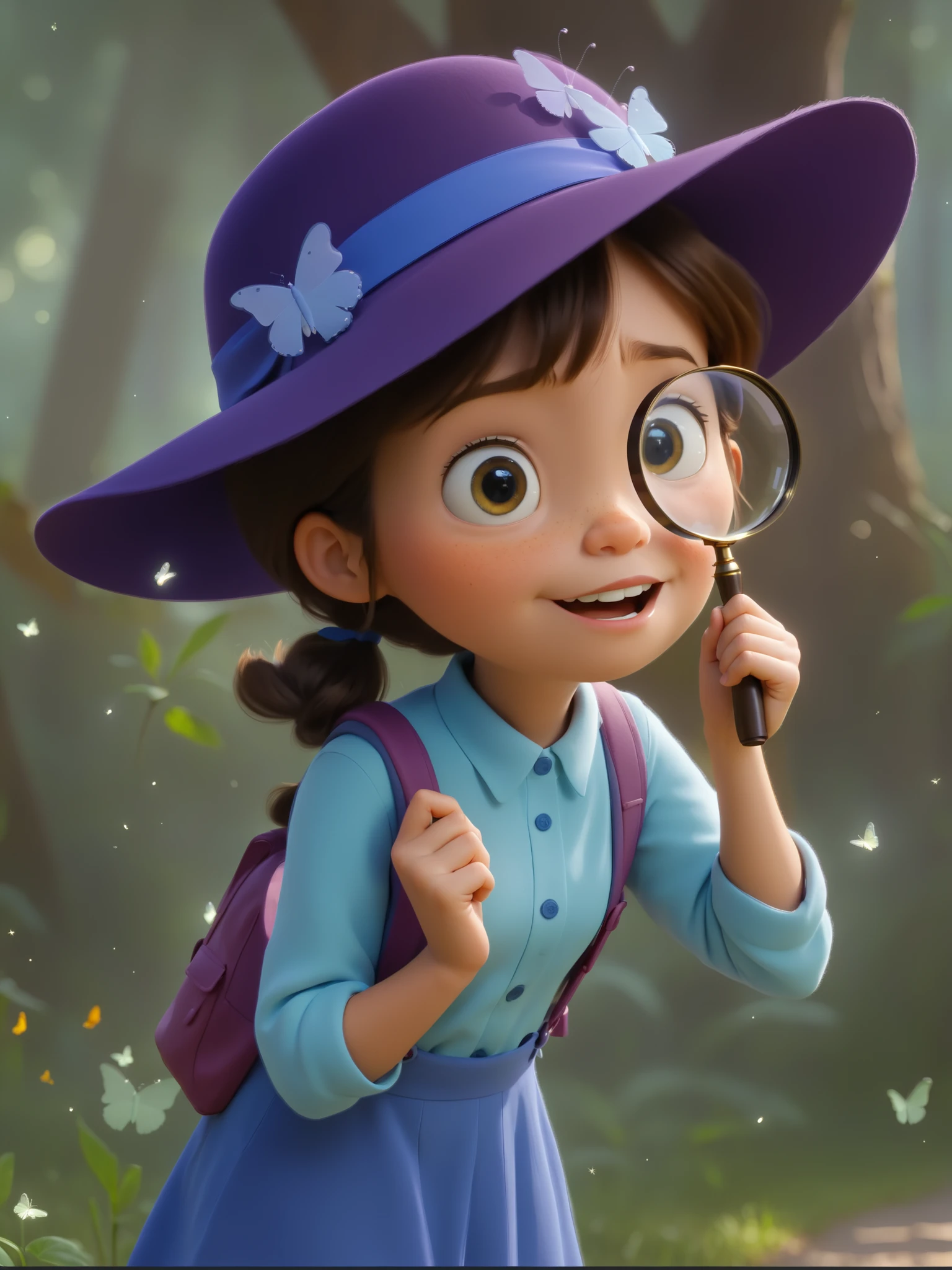 ((magic, lights, fireflies, butterflies)), ((He looks through a magnifying glass in his hand)), Create a vibrant, Pixar-style illustration based on the provided image, but focusing on a path towards new adventures! The girl (around ) is wearing a hat and an explorer's outfit, but it should have a more color! Make the scene more bright! She finds a new way and points with passion her hands where the trail should be! The background features cute small forest animals, happy plants and the trail should be in front of her! Do not forget the small bag she has on her back! Emphasize her happy expression and her new adventure! Add more passion and a strong sign of adventure that she has on her face! Let’s go to new worlds! Her expression is curious and excited, ready to discover what awaits her. Bright and vivid colors, reminiscent of a ren's book illustration, enhance the enchanting feeling. The image has a happy mood and a welcoming smile.
