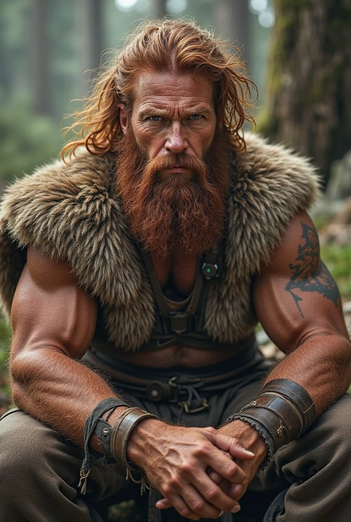 (a 25-year-old man, brunette, bearded, muscular lumberjack, green eyes, tall, sexy, man dressed as a viking, muscular, naked, large genitals), oil painting, detailed rustic background, best quality, ultra-detailed, physcially-based rendering, vivid colors, warm color tone, soft and diffused lighting. hyper realists, Detailed