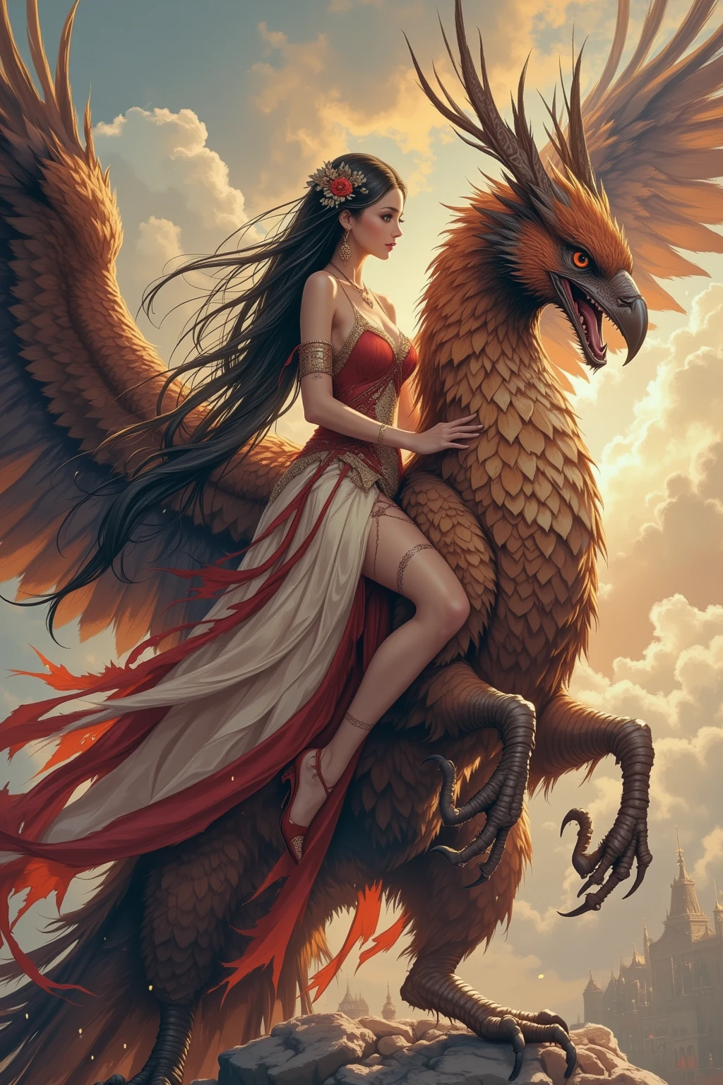 Close-up of a woman flying over the ocean with birds, flying mythical beasts, Harpy Woman, Mythical creatures, Mythical creaturess, Mistress of Change, Amazing fantasy art, a Mythical creatures, Phoenix Resurrection, Breathtaking fantasy art, with large wings, Mysterious Atlantean Valkyries, Surreal fantasy art, Hmm、Carol in the back