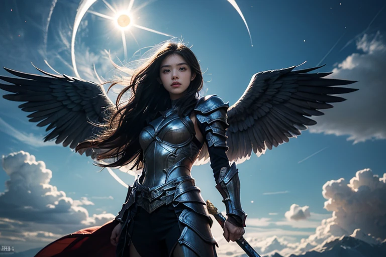 A beautiful Japanese girl stands against a battlefield-like background、Spreading black wings。Her face is full of strength and determination.、Long black hair fluttering in the wind。
The background is a barren land and a raging flame.、It reminds me of scenes of war and destruction.。The contrast between the grey sky and the flames is very dramatic.、It adds tension to the whole scene.。
She is wearing a light black outfit、Decorated with torn fabric and metal。The costume shows signs of battle.、It's a realistic depiction of mud and blood.。The boots and arm guards were also damaged.、It exudes a warrior vibe.。
She is posing powerfully,、The gaze is fixed straight ahead。Her outstretched wings further emphasize her majesty and strength.。
This photo was taken vertically、Placing the subject at the center emphasizes her presence.。The contrast between the flames in the background and her black wings is striking.、Light and shadow effects create a dramatic atmosphere。Using ultra-realistic live-action techniques、It is characterized by its attention to detail.。