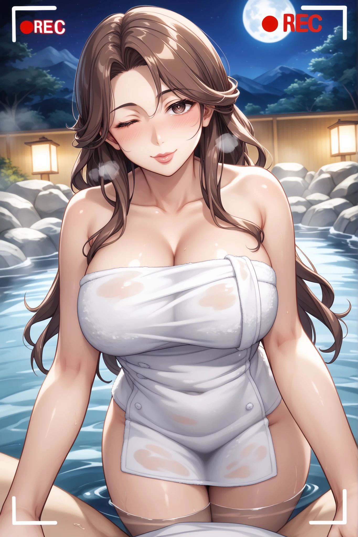 punctuation_8_High above,
[ibuki satsuki:with father],  standing alone, mature woman, cute, light skinned woman, hair between the eyes, Leprechaun, hot springs, Outdoor bath, vapour, really short hair, teal eyes, mascara, dark brown hair, lips, the night, side locks, long locks heart1shape-eye, [:heart shaped eyes:0.4],
 