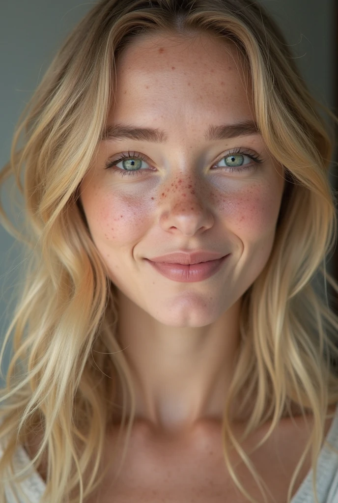 only one woman, American, 25 years old, pale skin and freckles, with gray eyes, delicate nose, soft and delicate lips, far, blonde hair far and wavy in height, sweet smile, face with delicate feminine features, Very rendered