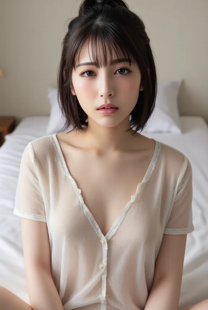 (((sitting on the bed:1.4)))、(((cute girl in pajamas)))、(((wearing cute hair ornaments:1.4)))、((in 8K、Raw photography、top-quality、masterpiece)、high definition RAW color photos professional close-up photos、(realisitic、photorealisim:1.37)、(top-quality)、(Best Shadows)、(The best illustrations)、A high resolution、high-definition CG unified 8K wallpapers、physically-based renderingt、Cinematographic lighting)、1 school 18 years old girl、straight haired、 beautiful finely detailed eyes, Facial light,,especially strong light, (((可愛い笑顔:1.5))) (((優しい笑顔:1.5)))、(((人懐っこい笑顔:1.3)))、(((甘えるような笑顔:1.3)))、(((完璧なボディーライン)))、(((上目使い:1.4)))、(((可愛い髪飾り)))、アヒルくちびる:1.2、巨乳:1.2