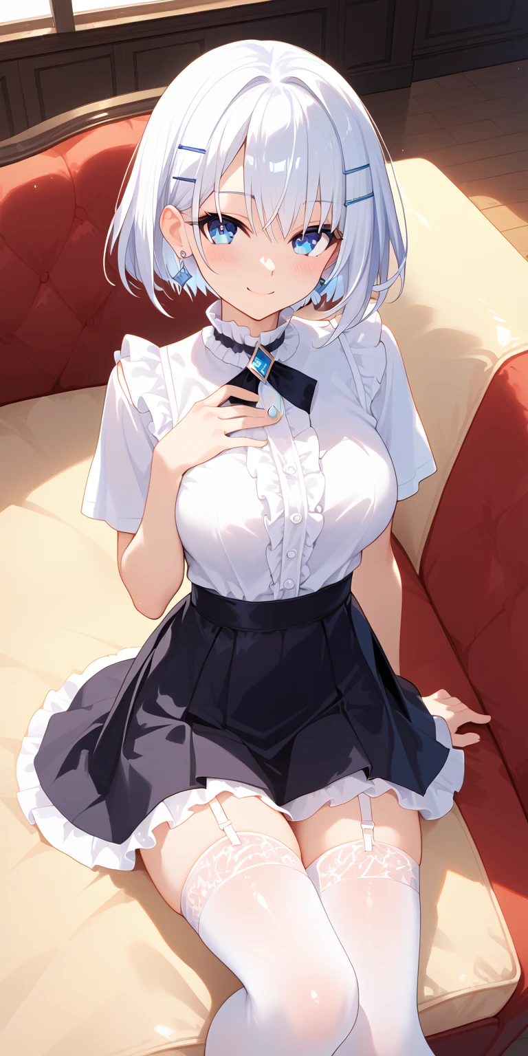 (masterpiece, Highest quality) One girl, Slightly larger breasts, A little big butt, Thick thighs, Wide Hips, Perfect proportions, Asymmetrical hairstyles. White and multi-colored hair, Amber Eyes, White Skirt, Green Skirt, Plain white button-up shirt with white ribbon , Absurd, High resolution, Super sharp, 8K, masterpiece, smile