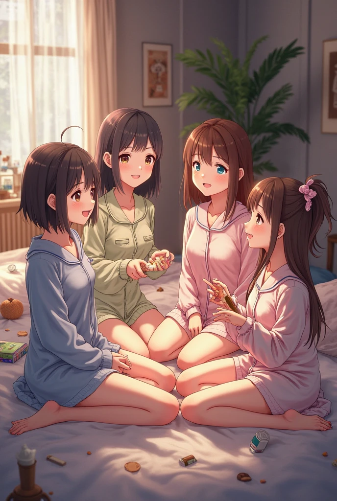 "Illustrate a cozy scene featuring a young girl in a relaxed setting. She is sitting by a wood stove (薪ストーブ) with a Yogibo bean bag, enjoying bread (パン) while watching TV or YouTube. Emphasize the warmth of the fire, the comfort of the Yogibo, and the 's delight in her surroundings. Convey a sense of relaxation and family bonding in this harmonious atmosphere. Generate a high-quality image that captures the essence of a carefree and enjoyable moment with a young girl, combining elements of comfort, entertainment, and family togetherness.