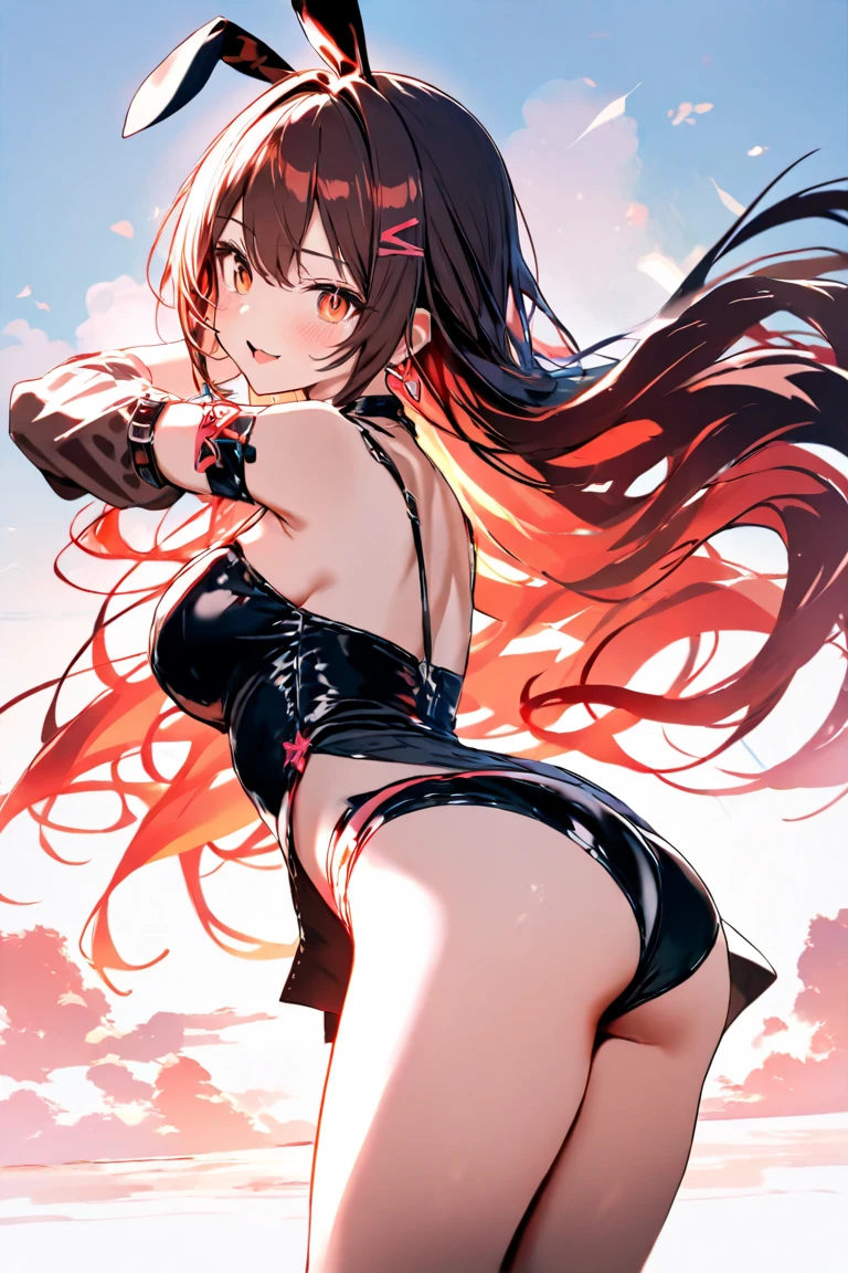 Detailed image of a , Light brown hair long and loose aesthetic tousled, red eyes sharp and seductive, Beautiful face, smiling, full lips, wolf ears, with earrings, medium breasts, blushing eyeshadow, long thick eyelashes, posing sensually, dressed only in a low-cut sweater, small waist, wide hips, large round buttocks, beautiful thick bare thighs, view from behind, shallow depth of field, volumetric lighting, Shadow Enhancement, Detailed cityscape, Shoulder blades (Highest quality, Amazing details: 1. 25), (only: 1.3), Bright colorful paintings.