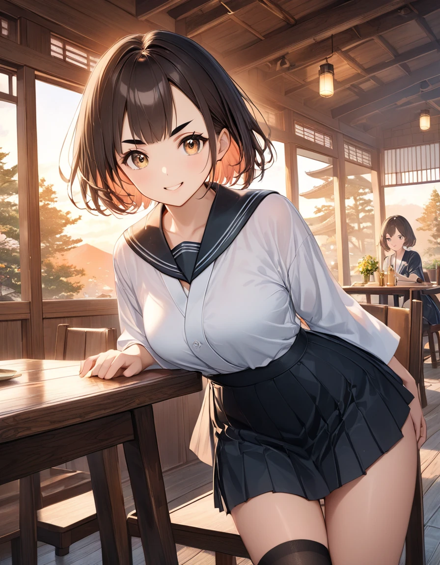 ((best quality)), ((masterpiece)), ((detailed)), (((perfect face))), (((slender 18yo teenage girl))), ((((medium breasts)))), ((((topless)))), ((((dark blue pleated skirt)))), ((dark brown hair)), ((short ponytail)), (((blue eyes))), ((shy:1.3)), ((blushing:1.5)), (((bare chest))), ((bare stomach)), ((bare shoulders)), (((bare arms))), (((walking))), ((((restaurant, tables, windows)))), (((walking))), (((shy arms))), (((girl looking away))), (((open front door))), ((((detailed background))))