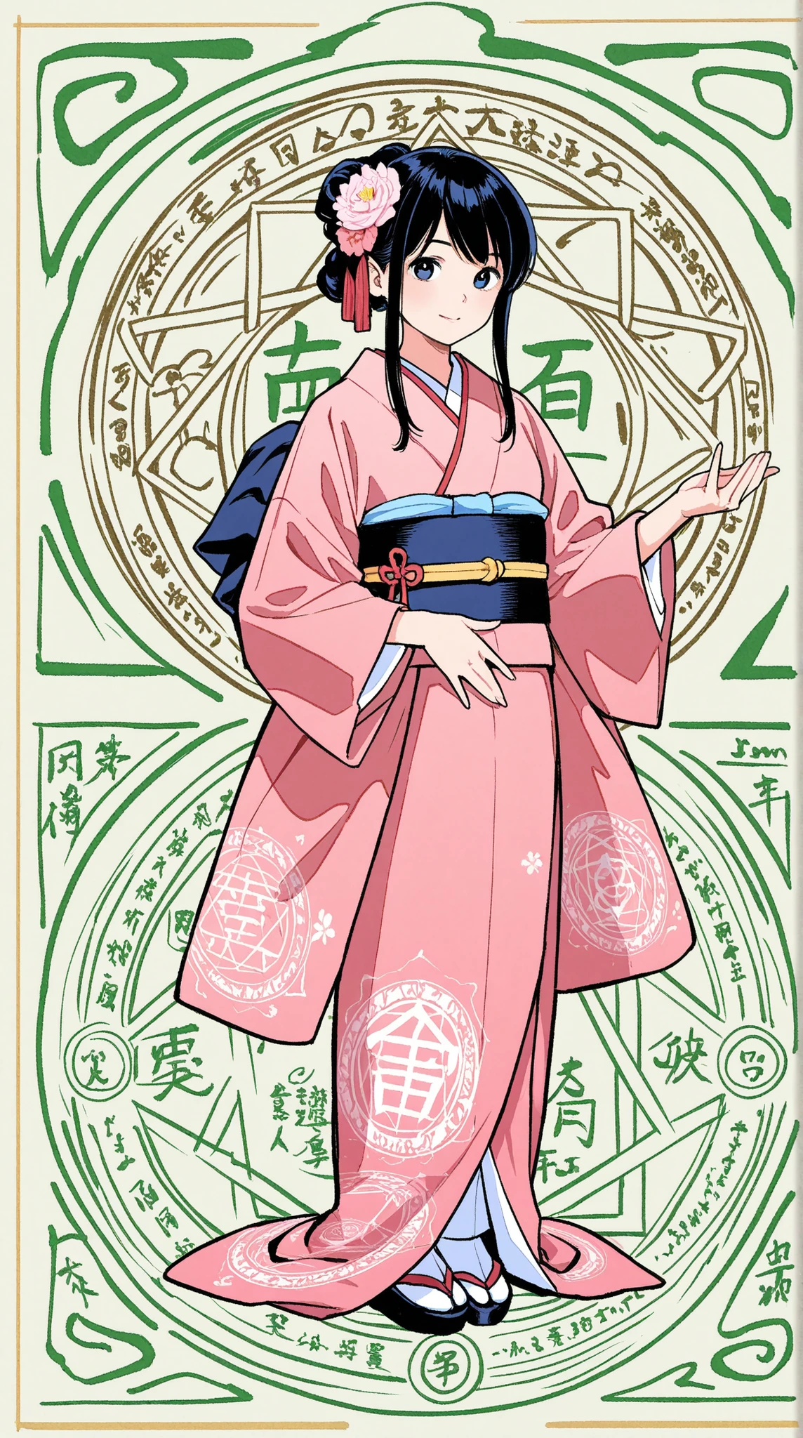 womanhood, kimono, Magic circle drawn with the kanji, Japanese-style magic circle drawn in kanji, Japanese Fantasy Art,