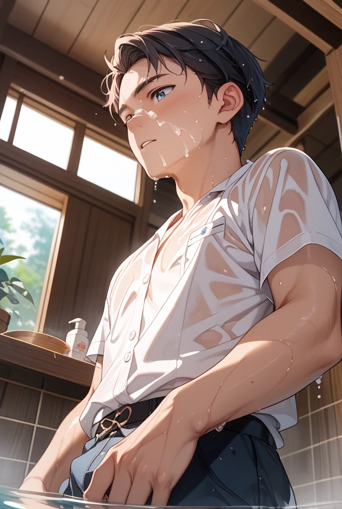 Getting wet in the rain、2boy、Clothes get wet and see-through、Walking outside、barechested