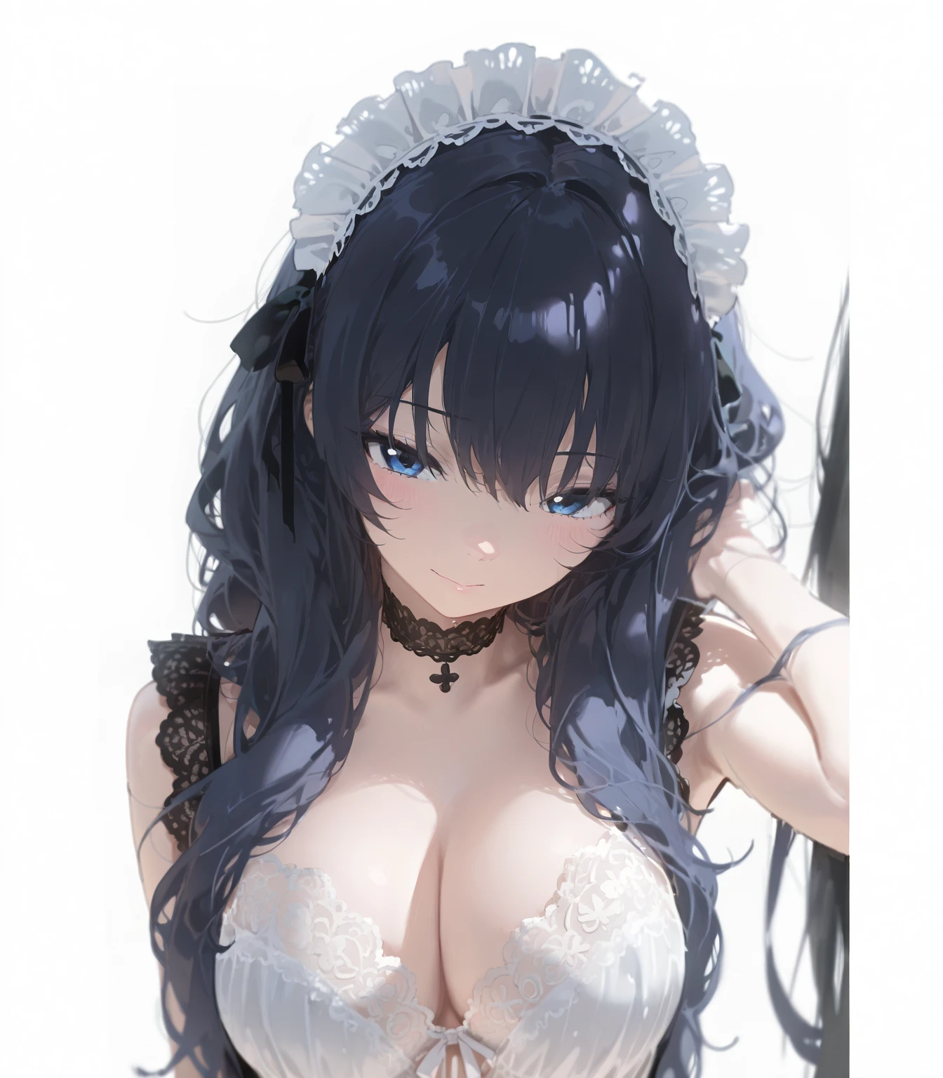 high quality, masterpiece, super detailed, 1 girl, extremely detailed faces,long black hair，Damaged White Bikini，Damaged maid outfit，Maid tiara，handcuffs，collar，charming pink eyes, fox ears, Ridiculously big, shiny skin,Dining room