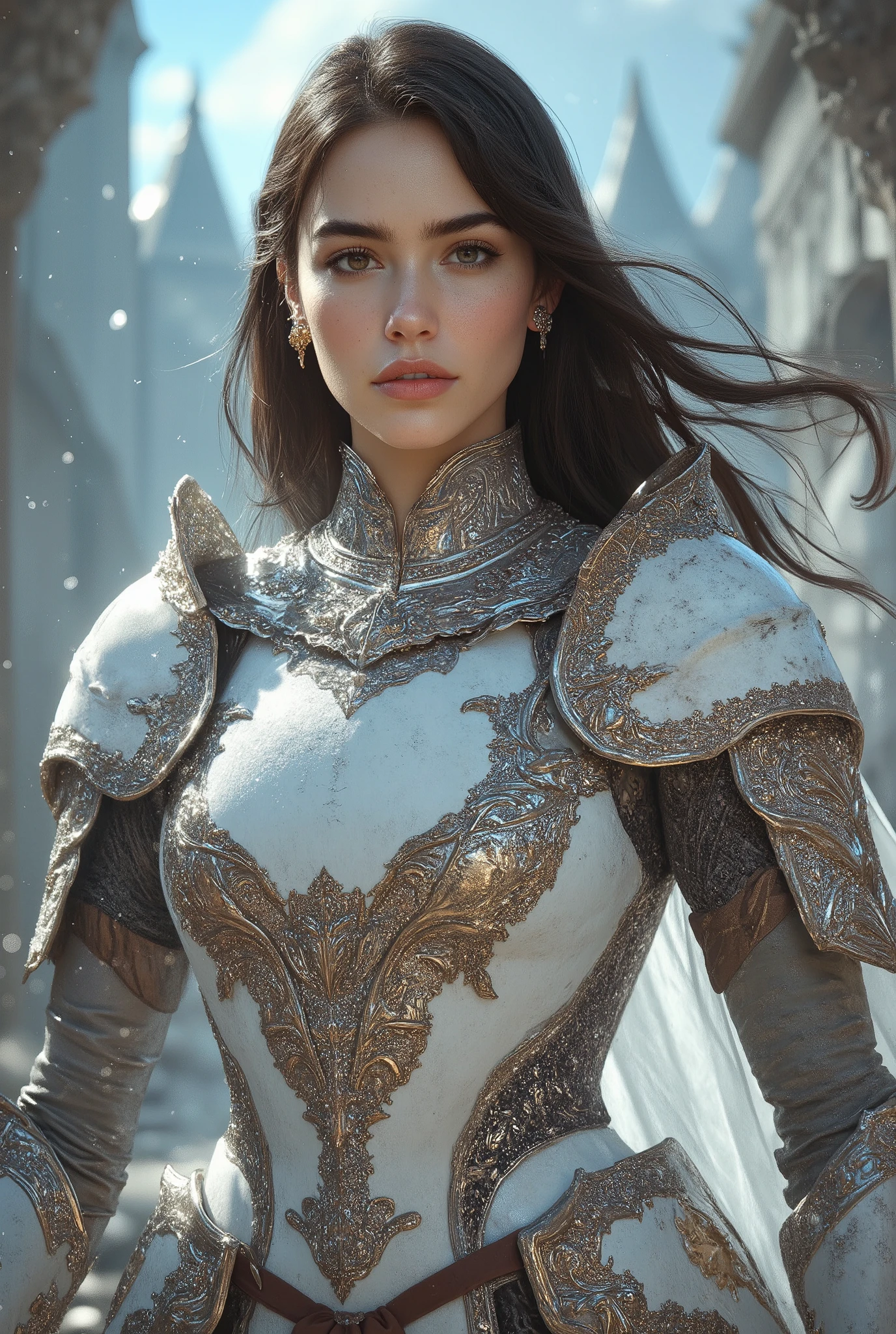 A majestic and muscular female knight standing tall at 180cm, with a statuesque, athletic build and commanding presence — wearing radiant pearl-white full plate armor with elegant silver filigree and subtle iridescent sheen, her long dark hair flowing behind her in the wind, piercing eyes filled with strength and compassion, her armor reflecting soft ambient light, standing on a stone battlefield or holy temple steps, a massive sword resting at her side, cape fluttering behind her, inspired by heroic fantasy realism and female warrior iconography, high-detail character portrait, painterly textures, powerful and noble presence