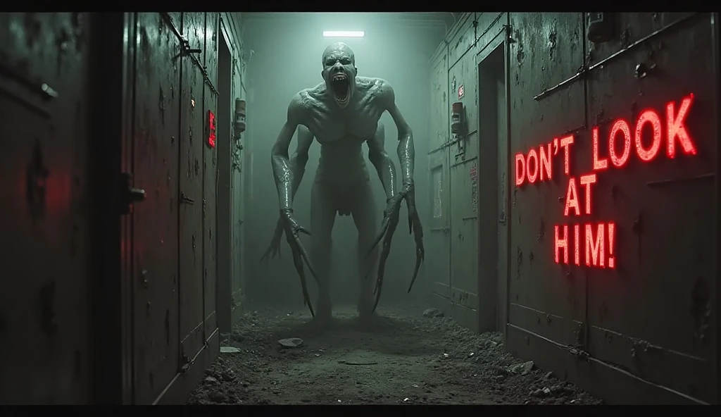 (photorealism:1.2), Terrifying alien in a room of a house, On the wall some words written in blood that say TERROR MG, In the dark