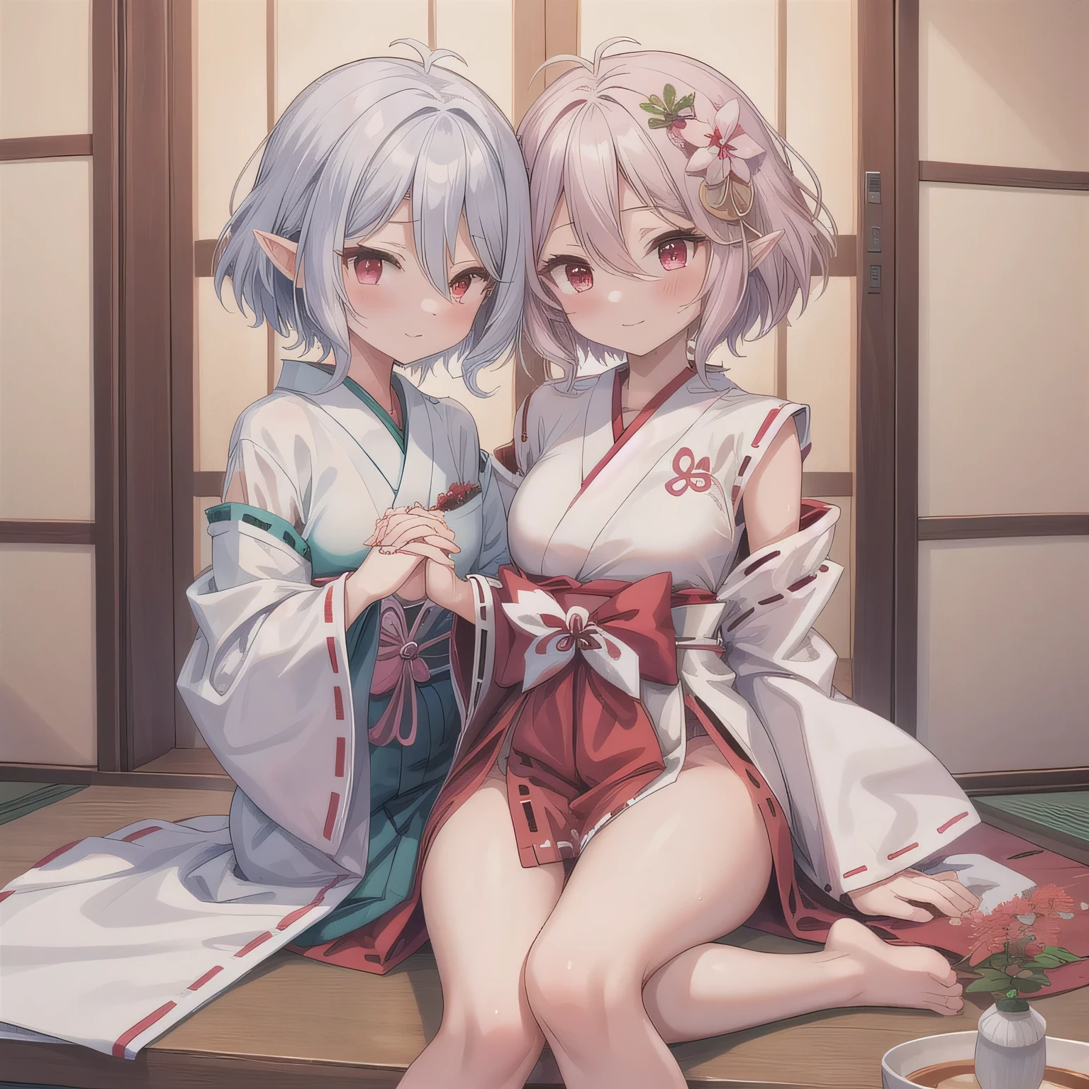 Ponytail sisters，Sexual conduct，Touching the nipples，Half naked，kimono，Unbuttoned，Squirting