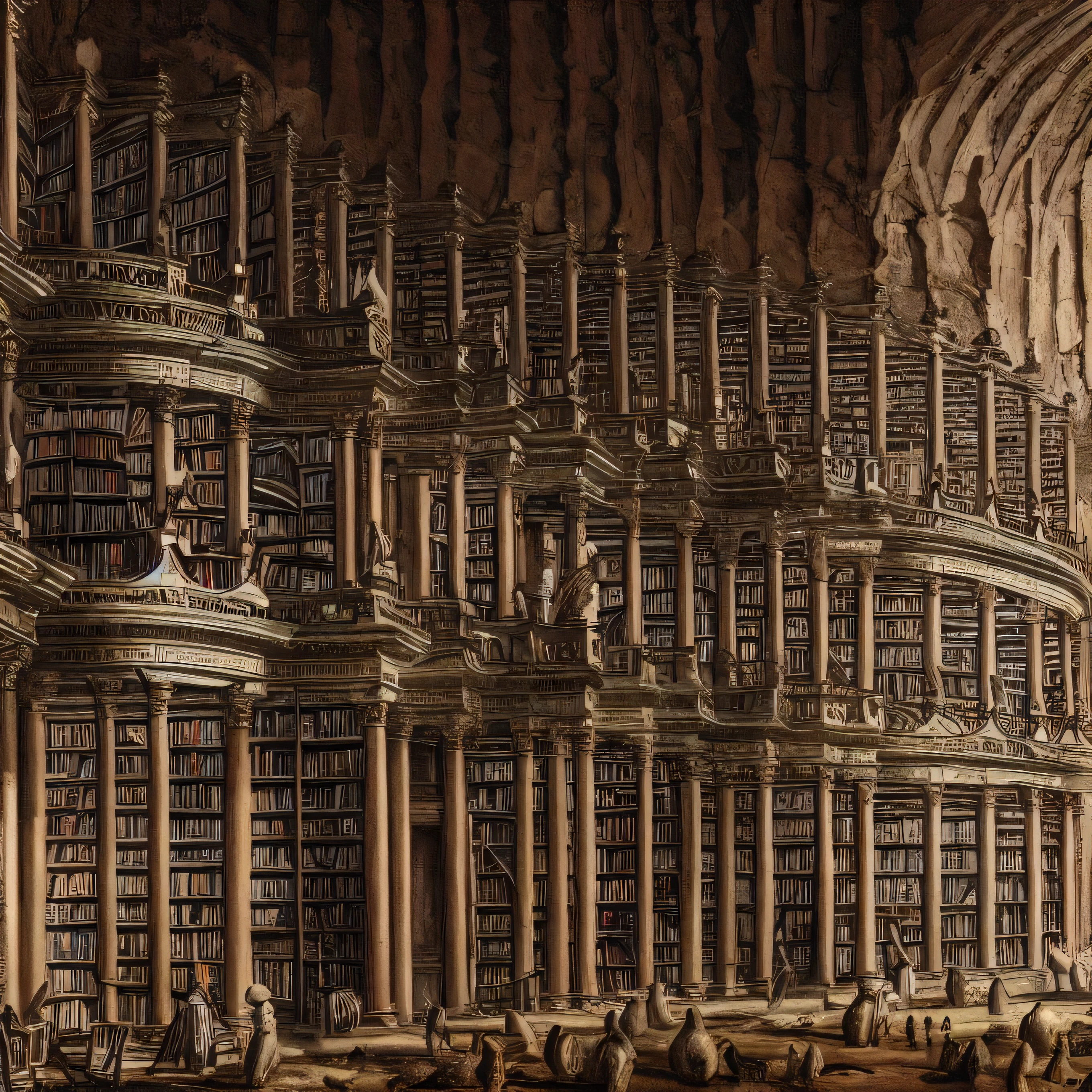 a panoramic vision of a city-sized realization of jorge luis borges' "library of babel",intricate library interior,vast shelves of books,endless corridors,ornate architecture,detailed textures,dramatic lighting,digital art,concept art,ultra-detailed,8k,highres,dramatic lighting,warm colors,moody atmosphere,Giovanni Battista Piranesi style