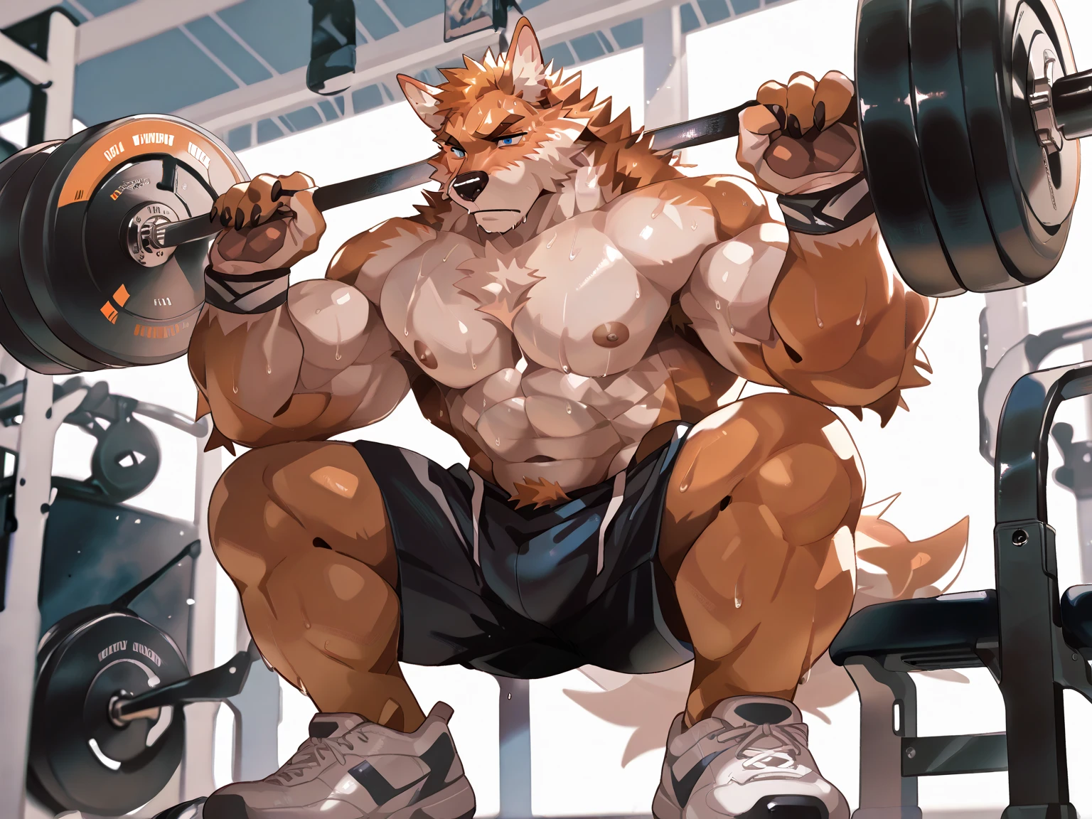 Huge muscular thick Bear bodybuilder shirtless in black gym shorts and wristbands incline bench press over 250lbs getting more pumped.