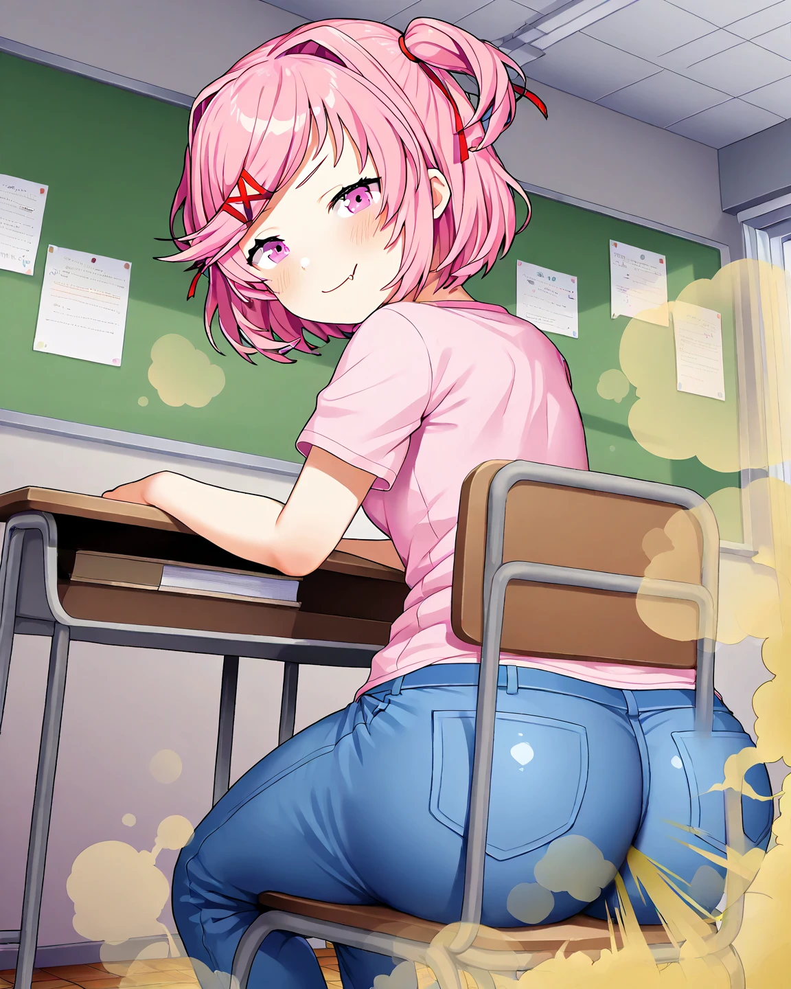 Small high school femboy, fingered on ass by teacher, small penis bulge, pink short hair, cute, shy expressions, pornographic