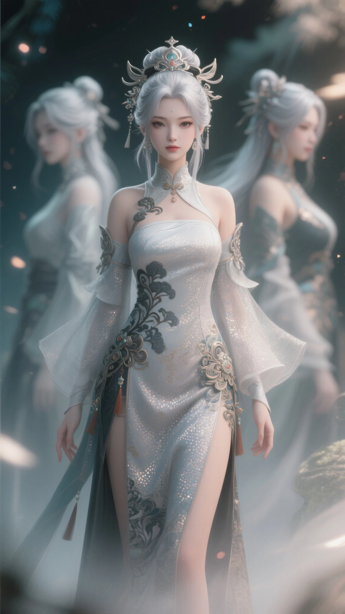(best quality, masterpiece:1.2), ultra high res, realistic, front lighting, intricate detail, Exquisite details and textures, 1girl, solo ,(young), face highlight, upper body, detailed face, tear mole, white skin, silver hair, ponytail, braid hair, looking at viewer, big eyes, silk robe, (hollow pattern, white, silk), earrings, small breasts, slim body, luxury room, professional lighting, photon mapping, radiosity, physically-based rendering,