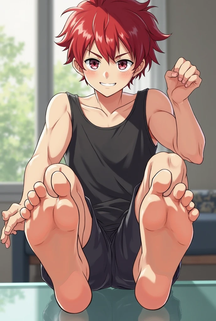 Close up of cute anime 18 year old barefooted brown haired femboy thats 10 meters tall with extra thick thighs wearing a red shirt and red little underwear being barefeet sitting on the floor smiling while showing off his sweaty dirty bare feet close to the screen