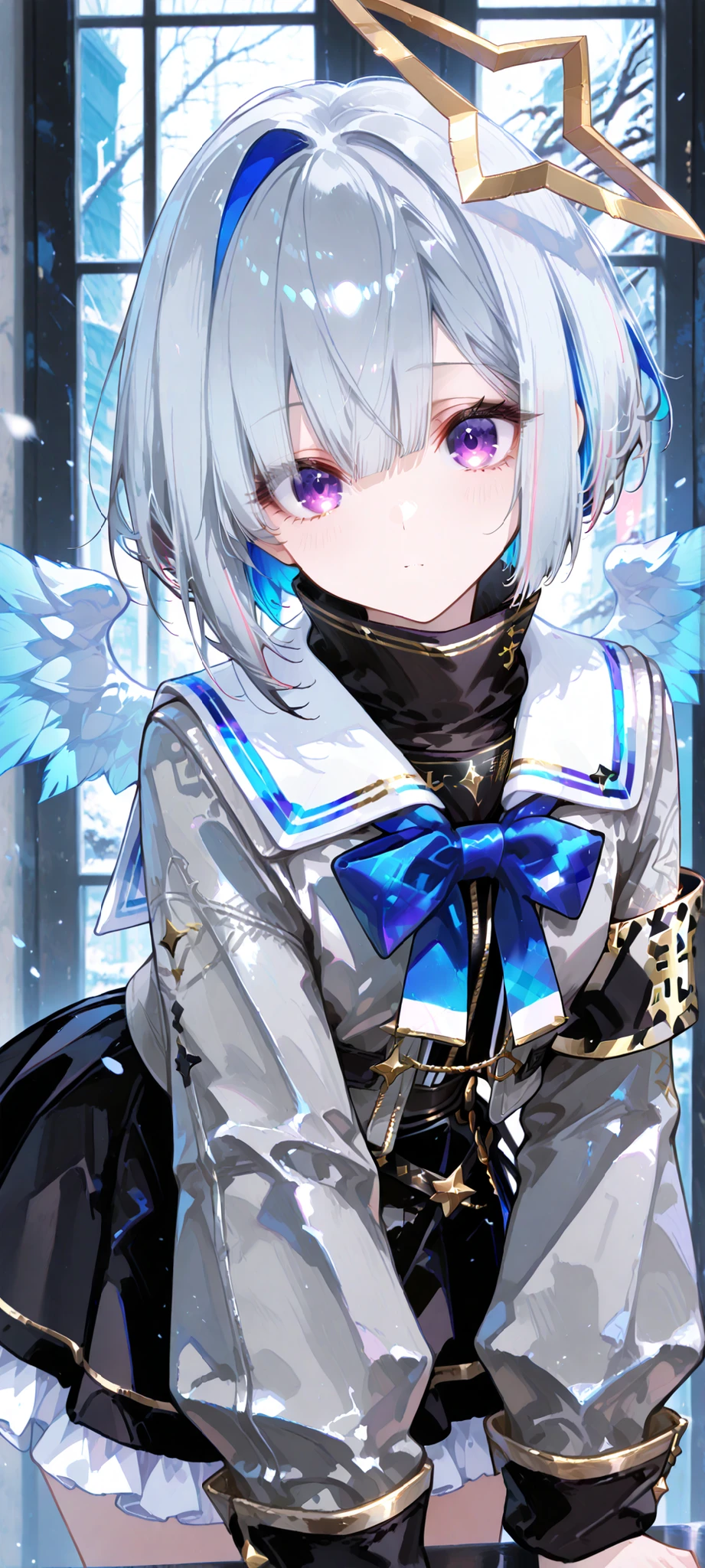 masterpiece, 最High Quality, High Quality, Newest, Hi-Res, Very High Resolution,
break
Detailed background , Very awa, is very eye-catching, Illustration, CG,
break
Perfect configuration, eye reflection, Lashes,
BREAK
Amane Kanata short hair, multicolored hair, grey hair, yellow halo, purple eyes, wings, turtleneck, white sailor collar, blue bowtie, grey jacket, long sleeves, plaid, armband, frilled skirt, black skirt