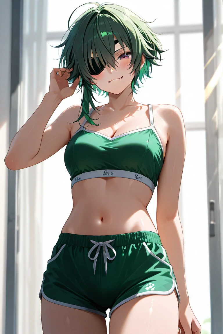 young ebony girl, black skin, purple hair, high ponytail, yellow eyes, White leather jacket, skirt, open belly, big breasts、underboob, bewitching smile, masterpiece, high quality、((dimly lit park toilet、seductive pose))、heavy makeup、Shiny light pink strong lipstick、detailed background、(((sweat))),