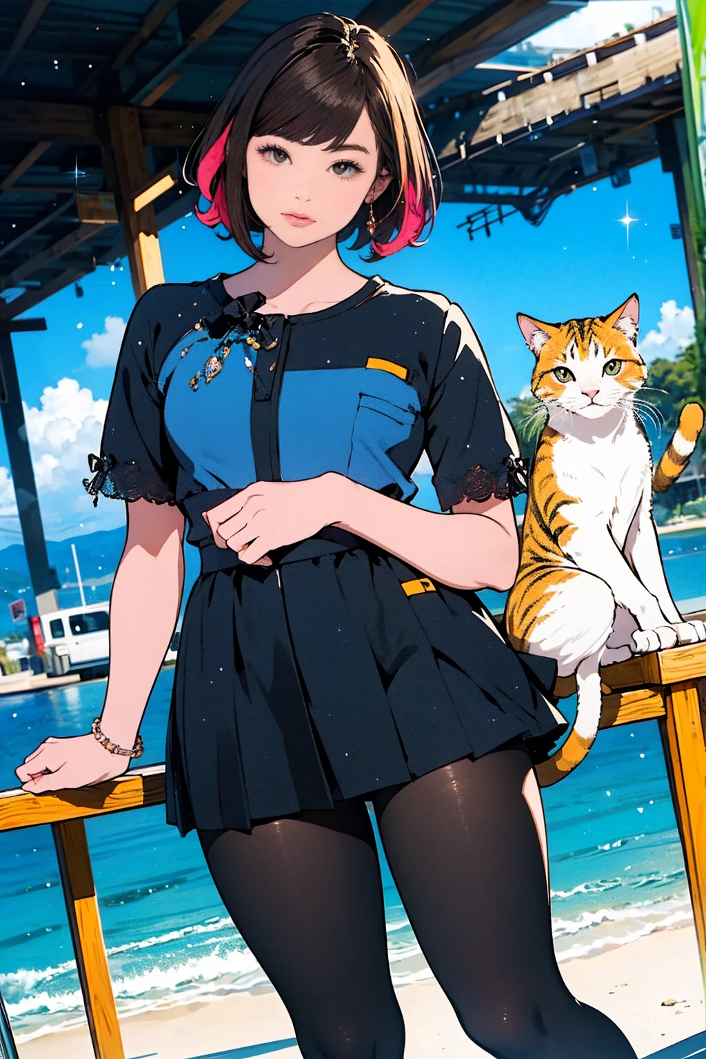 anime girl 26 years old white swimsuit navy blue denim pants urban landscape red hair brown eyes with cat on the shoulder and umbrella