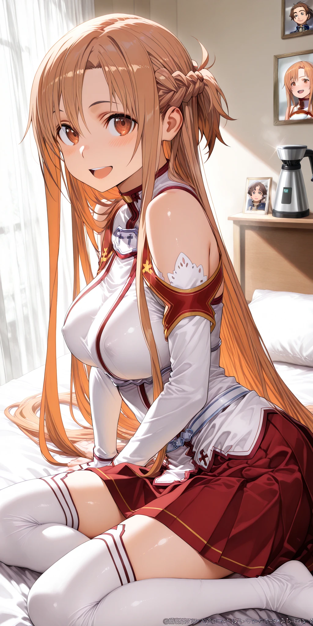 ((highest quality)), ((masterpiece)), (detailed), Perfect Face、Yuuki Asuna、Light blonde、((Man and woman having sex naked))、((A naked woman has sex with a man and gets a huge load of semen ejaculated into her pussy))、On the big bed in the bedroom、A man is deeply in love with a woman、Gorgeous embroidery、Gorgeous Phoenix Crown、Woman has a happy face、Engagement Rings、Gorgeous hair ornament、Earrings、necklace、Bracelet、Luxury accessories、She opens her pussy wide with the fingers of one hand to show the inside, and makes a peace sign with the other hand near her eyes.、Close one eye and wink cutely、（Red lipstick）、（Heavy makeup）、（Dark eyeshadow）