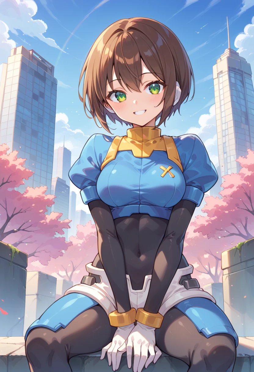 highest quality、Realistic、Women、zoom、Cobalt blue eyes、maroon short hair、Hero Suit、Glossy white bodysuit、Blue and gold accents、slender、Dark Skin、Small breasts、Rooftop、An inappropriate smile、Bust Shot、