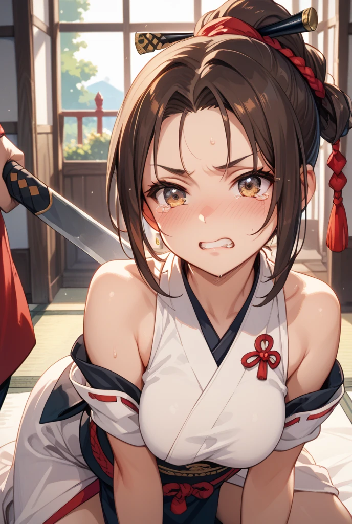 score_9, score_8_up, score_7_up, score_6_up, score_5_up, score_4_up, source_anime, 1girl,amber5star, upper body, smile, brown hair, hair bun, long hair, brown eyes, w-w-chain, shackles, raise arms, kimono, dungeon, best quality, best res, 4K UHD,
 