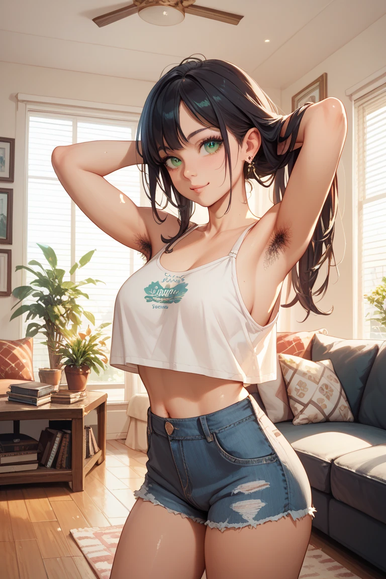 1girl, solo, beautiful girl, brunette skin, purple eyes, detailed anime style, perfect anatomy, perfect hands, narrow waist, large breasts, long hair, brown hair, high ponytail, asymmetrical bangs, blue eyes, detailed eyes, blush, emerald earrings, pink shirt, shirt lift, denim shorts, cleavage, navel, midriff, bare arms, bare shoulders, smile, standing, perfect hands, arm up, indoors, bed, desk, bedroom, night, night time, dim light, window, stuffed animals, high quality, dark background, lights off, leaning forward, daring pose, naughty face,