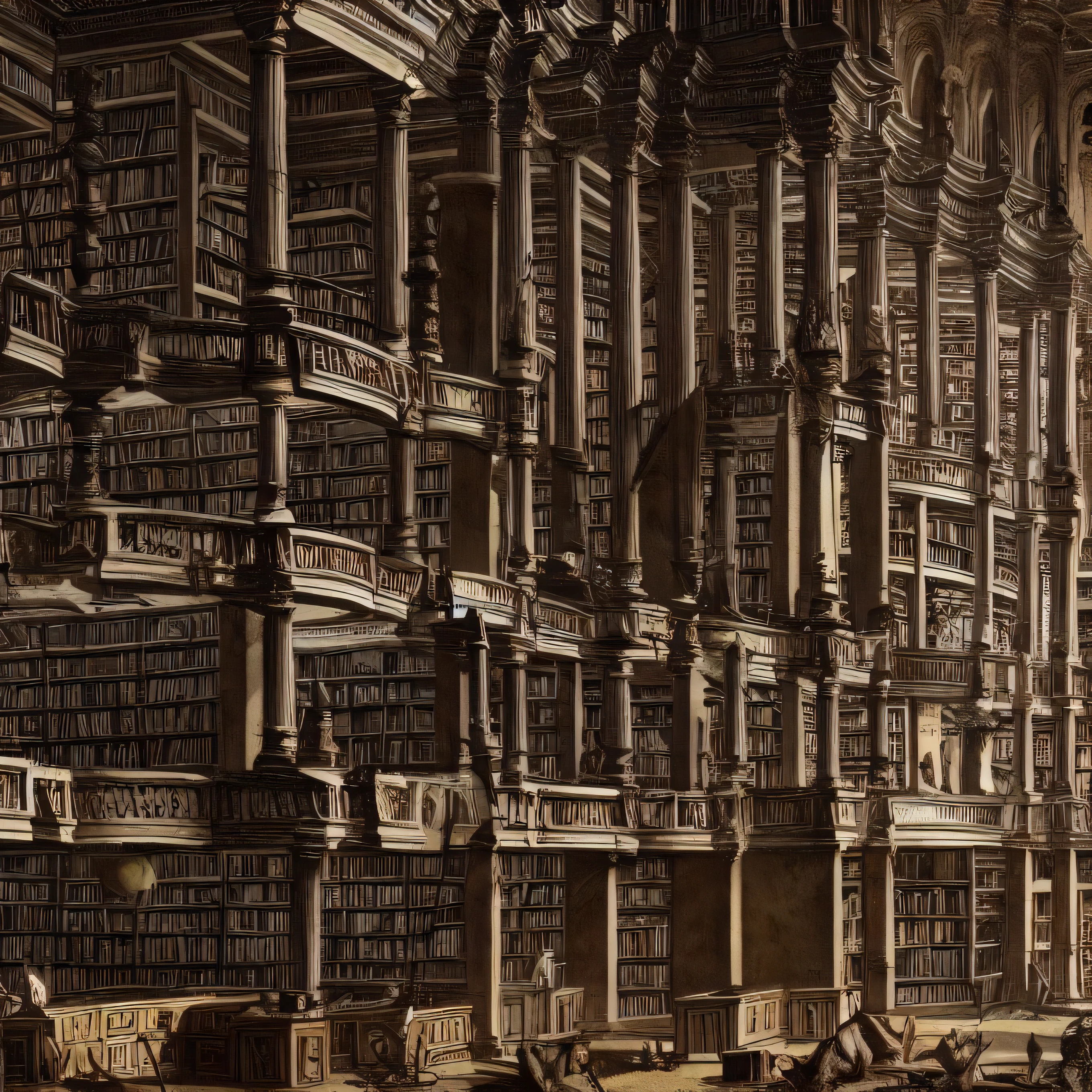 a panoramic vision of a city-sized realization of jorge luis borges' "library of babel",intricate library interior,vast shelves of books,endless corridors,ornate architecture,detailed textures,dramatic lighting,digital art,concept art,ultra-detailed,8k,highres,dramatic lighting,warm colors,moody atmosphere,Giovanni Battista Piranesi style