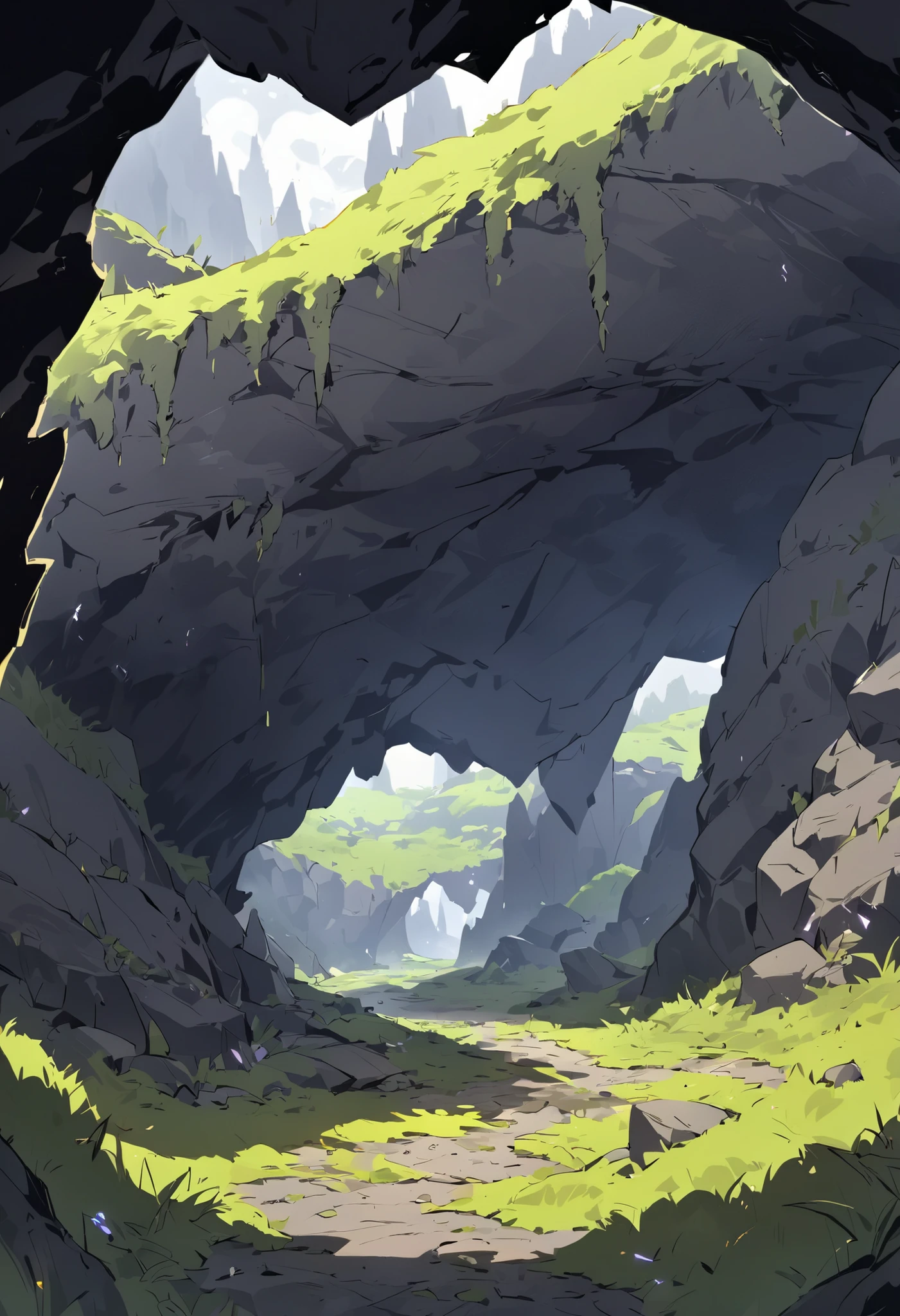 the environment is a large cave, with dark purple cubic crystals on the ground and the side, and yellow grass and moss, with grey rock
