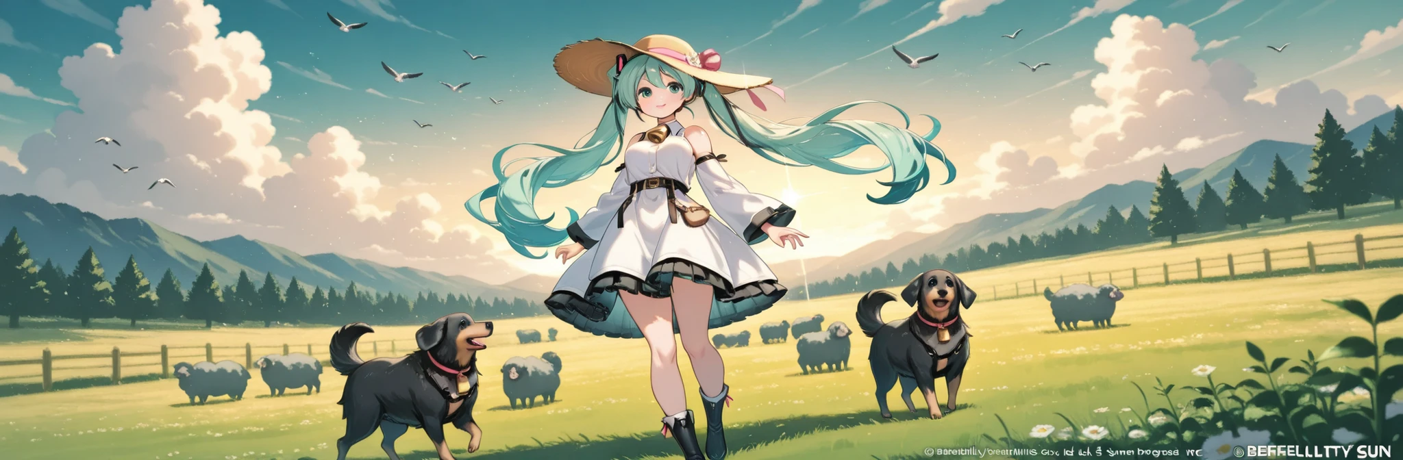 (masterpiece、Best Quality、Best Quality、official art、Beautifully beautiful:1.2)、(1 person under the sun:1.3)Hatsune Miku、 light green twin tails,beautiful breasts,shepherd dog chases a flock of sheep、Sheep are wearing cowbells、牧羊犬の後ろを追いかけるHatsune Miku、on the hat、Farm Work Clothes 、Ranch、Prairie、full body、side view composition、 “Welcome”