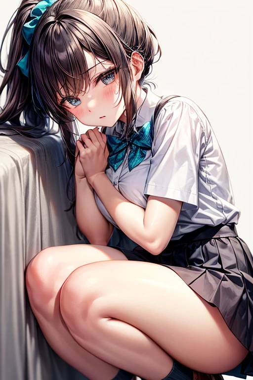 Serious teenage girl, Messy black hair, White eyes, Scar on one eye, Sunburned skin, Stylish black and white outfit, Attractive body, Dark and cold look, Detailed portrait, 8k, photograph (Highest quality) . ,4K,8k,High resolution,masterpiece:1.2),Very detailed,(Realistic,photoRealistic,photoRealistic:1.37),Vibrant colors,Sharp focus,Physically Based Rendering,Extremely detailed,プロのtongue出し, blush, chest, smile, tongue, Bare legs,Thin legs,Leg spread,Backwards,With melting eyes,chestを手で上げる,uniform,Pause,Popsicles
