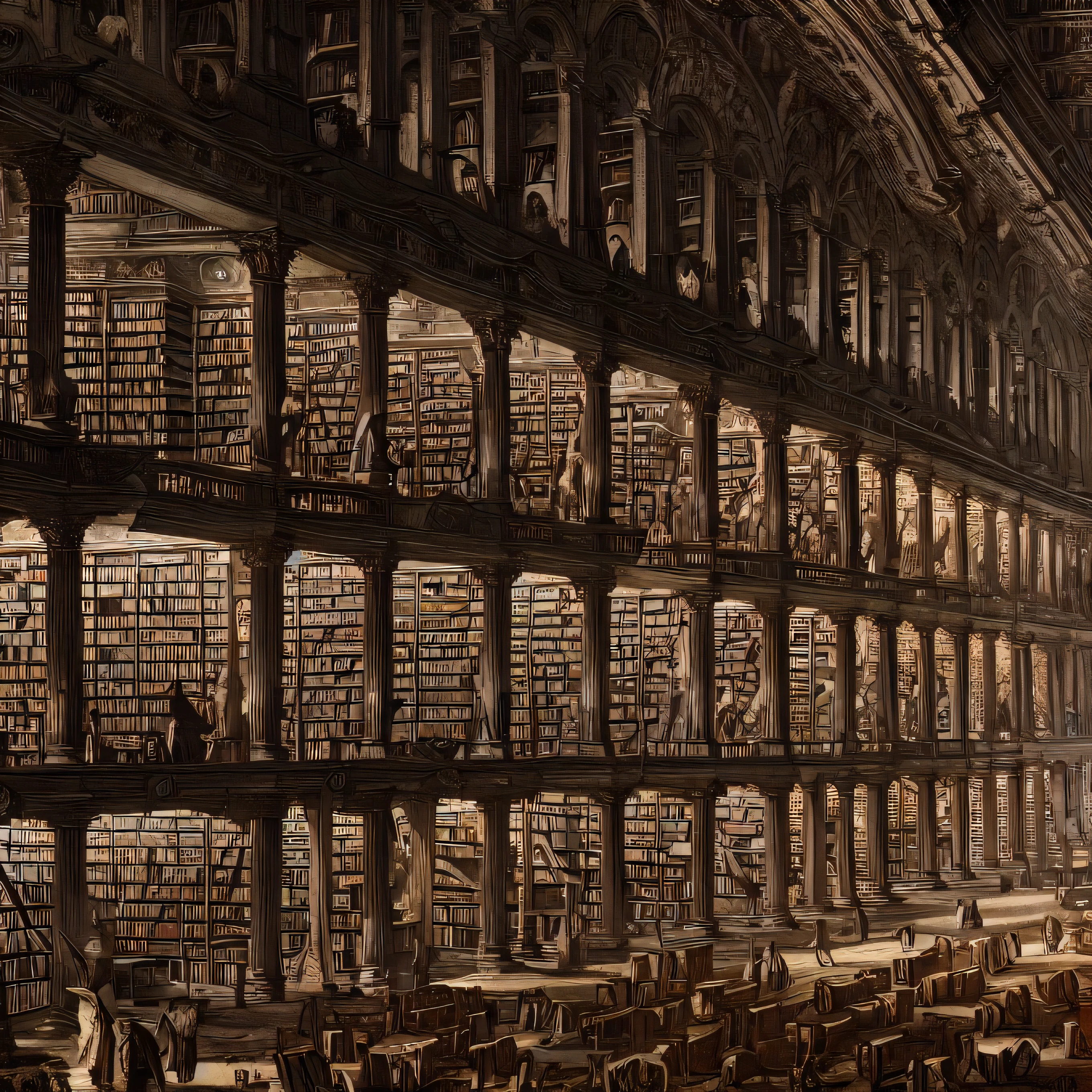a panoramic vision of a city-sized realization of jorge luis borges' "library of babel",intricate library interior,vast shelves of books,endless corridors,ornate architecture,detailed textures,dramatic lighting,digital art,concept art,ultra-detailed,8k,highres,dramatic lighting,warm colors,moody atmosphere,Giovanni Battista Piranesi style