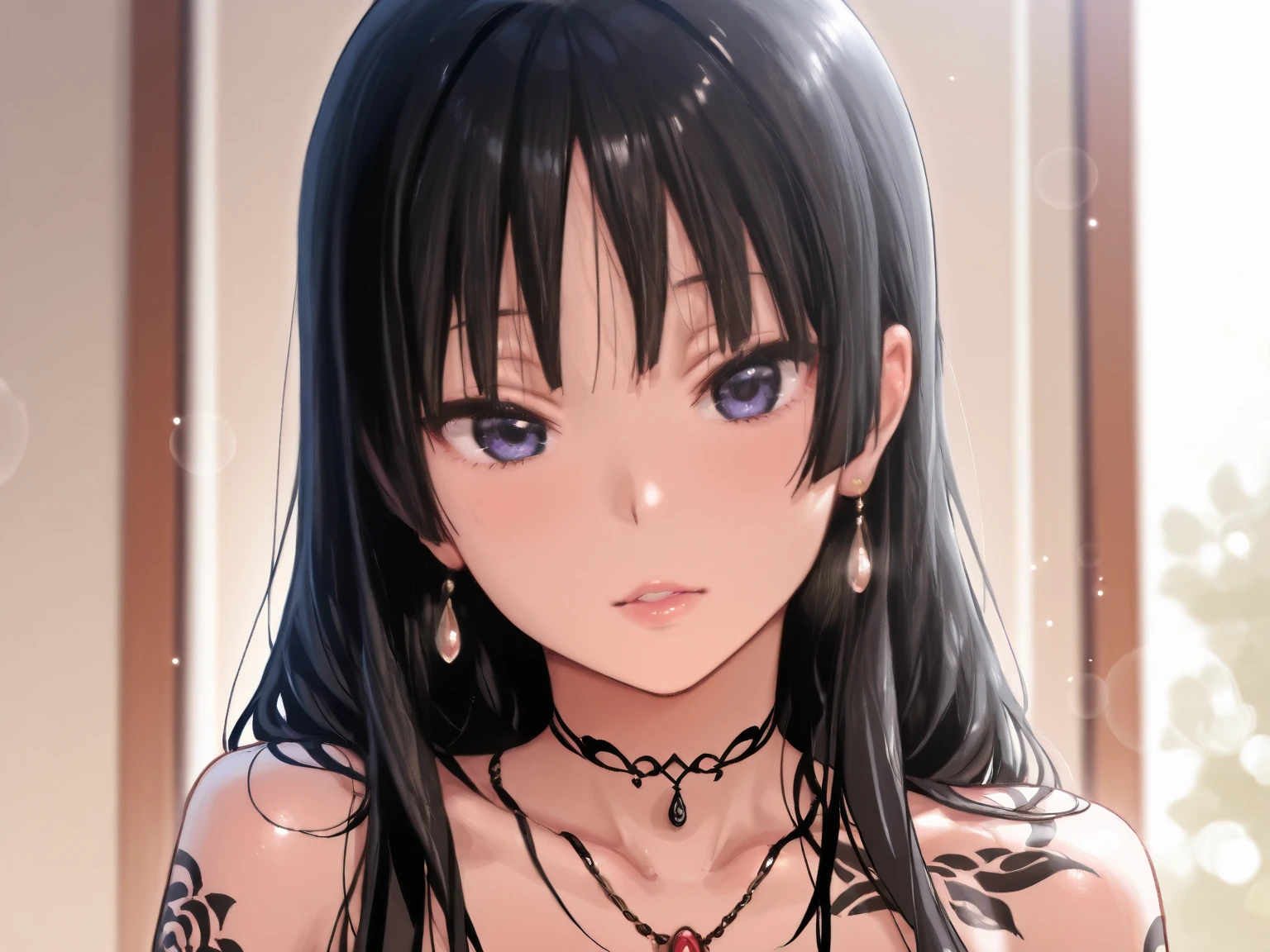 sam yang,
1girl, backlighting, bare shoulders, black choker, blurry, blurry background, blush, breasts, choker, cleavage, closed mouth, collarbone, earrings, forehead, freckles, hair over shoulder, jewelry, long hair, looking down, pointy nose, red lips, shadow, solo, thick eyebrows, thick eyelashes, upper body, white hair
, ((masterpiece))