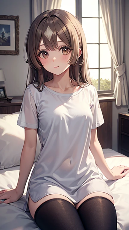 (highest resolution, distinct_image) The best quality, a woman, masterpiece, highly detailed, semi realistic, 21 years old, cute, young, beautiful, naked oversized t-shirt, shirt tug, collar on neck, indoors, modern bedroom, window, waking up, morning, blushing
