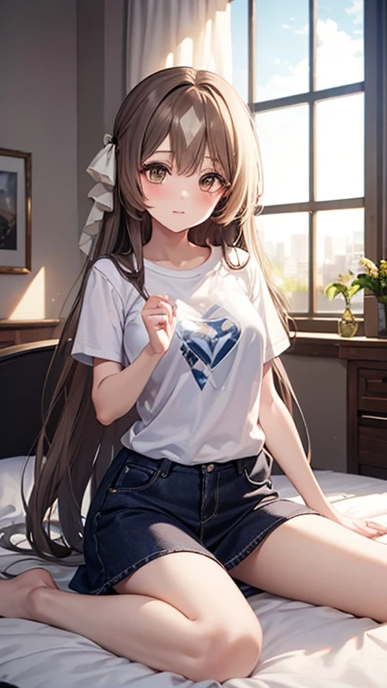 (((masterpiece))), (((highest quality))), On the bed、T-Shirts、Half Denim、barefoot、Chest、Large breasts、blush