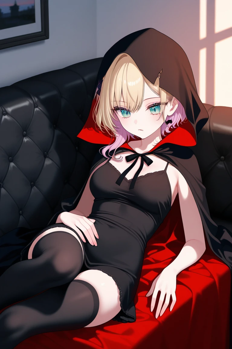 Beautiful woman with blonde hair, tattoos on her face, red eyes, wearing a black hooded robe, evil look, death, dark aura