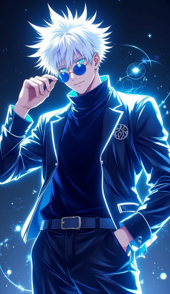 "Digital artwork of Satoru Gojo in a neon style. The character is outlined with radiant blue and white neon lines, glowing brightly against a dark background. Gojo stands in a relaxed yet confident pose, with one hand adjusting his blindfold or sunglasses. His spiky white hair emits a soft neon glow, enhancing his charismatic and powerful aura. He wears his high-collar black outfit, its edges highlighted with subtle neon accents. Swirling neon energy rings and particles surround him, suggesting the immense power of Infinity. His exposed eye(s) shine with an intense, mesmerizing neon light. The composition is sleek, dynamic, and visually captivating, emphasizing Gojo’s unmatched strength and cool presence."

