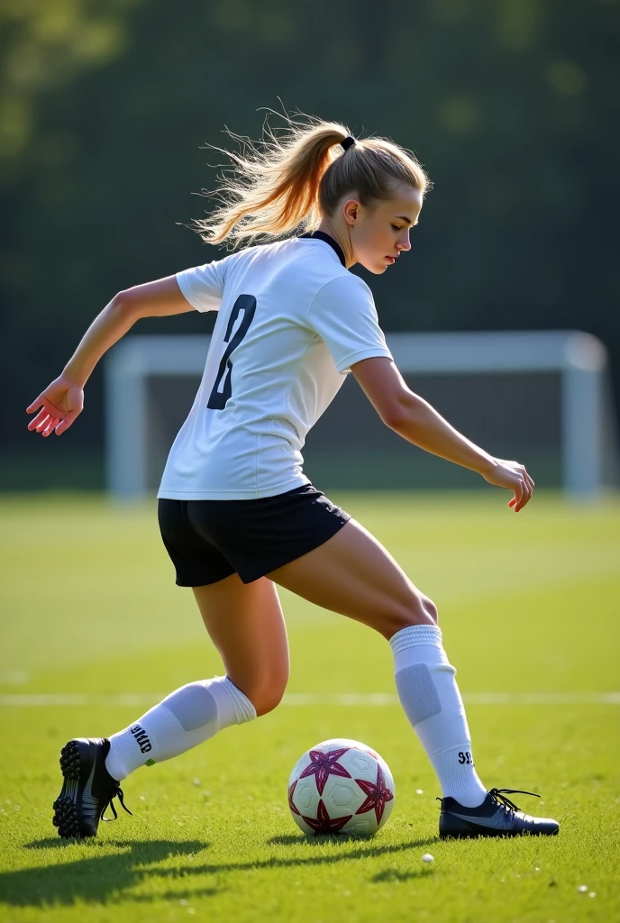 Beautiful young woman in a soccer uniform holding a soccer ball, football player, 20 year old female model, Professional sports style, Alexa Grace, athletic fashion photography, in the countryside, very pretty model, athlete photography, alexa 65, alexa65, beautiful young model, slim girl model photo, portrait of maci holloway, beautiful model, modeling photography on a soccer field 🏈
