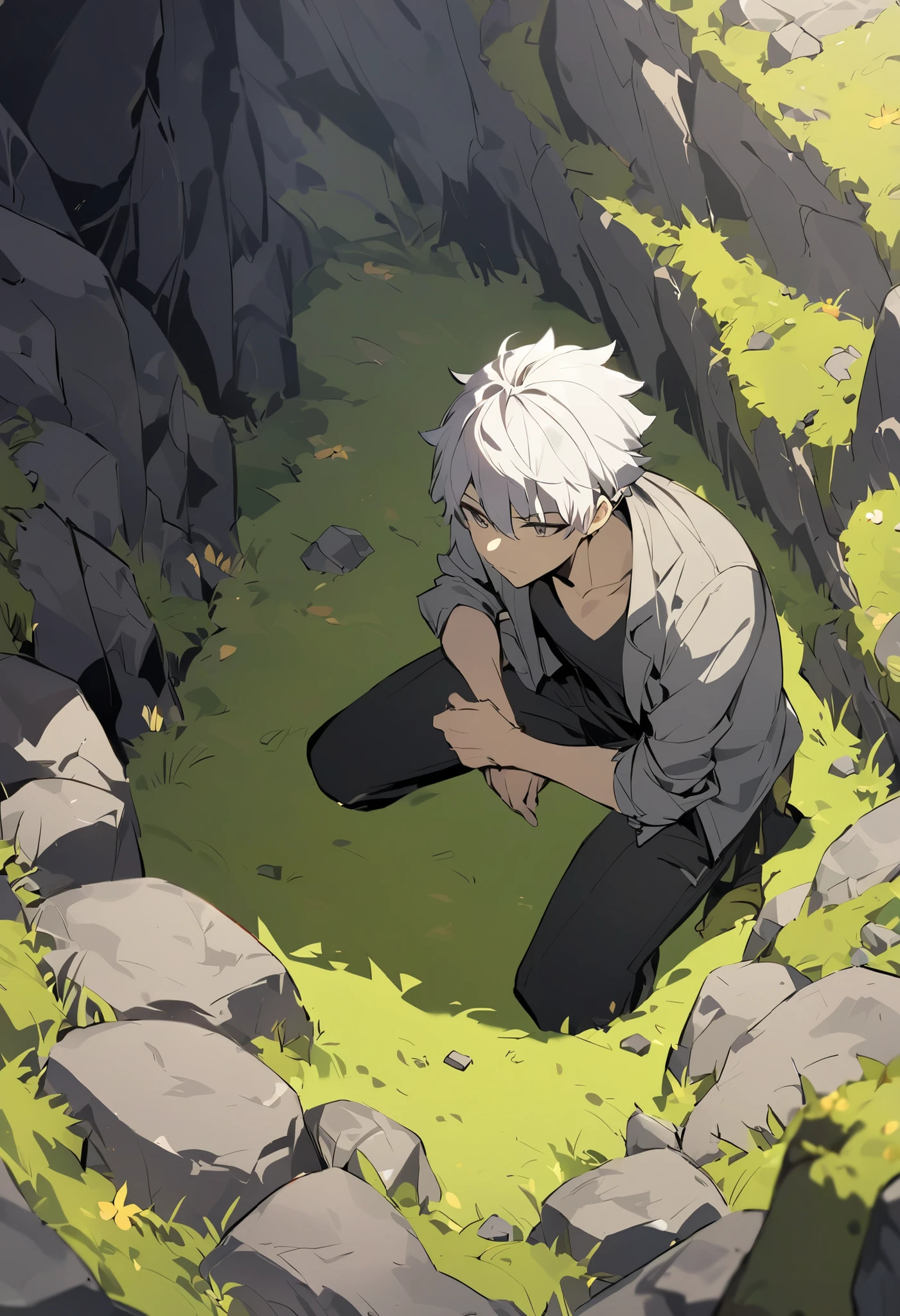 (A young man with white hair, a grey jacket with rolled up sleeves and a black pant), the environment is a large cave, with dark purple cubic crystals on the ground and the side, and yellow grass and moss, with grey rock
